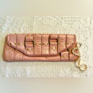 Candice Nicole Soft Leather Art Pink Clutch Purse Silk Lined gold